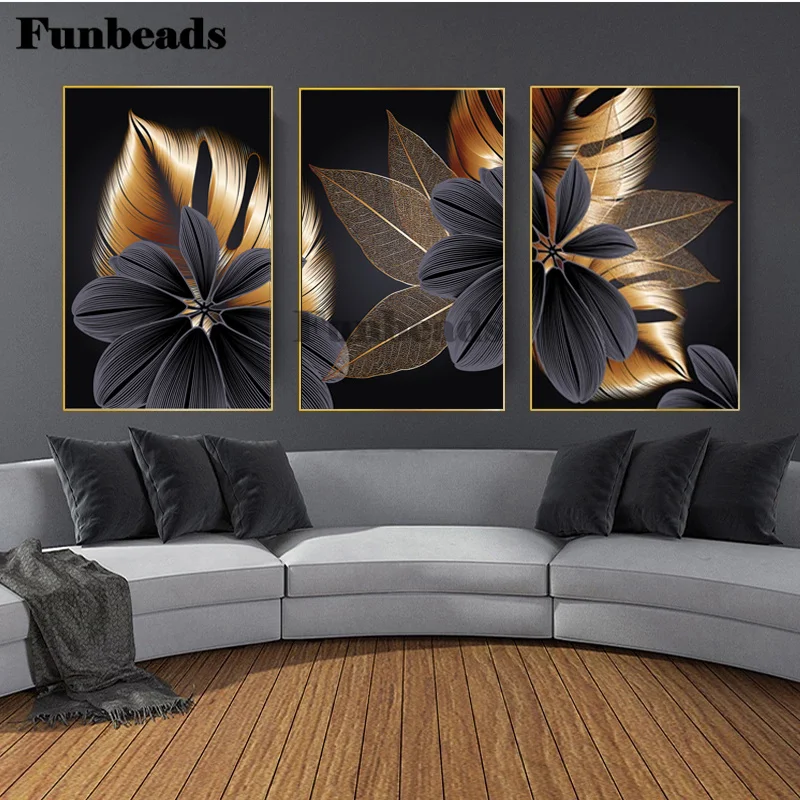 

Black Golden Plant Leaf Diamond Painting Modern Home Decor Abstract Wall Art Painting Nordic Picture Living Room Decor FF4105