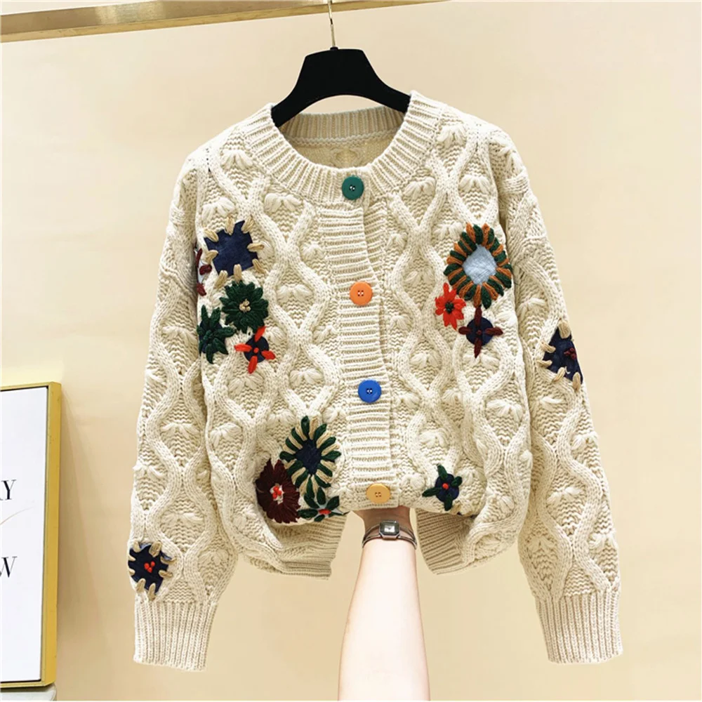 

Kawaii Cute Embroidery Flower Multicolor Button Up Knitted Sweater Cardigan Women Spring Autumn Top Long Sleeve O-Neck Tops