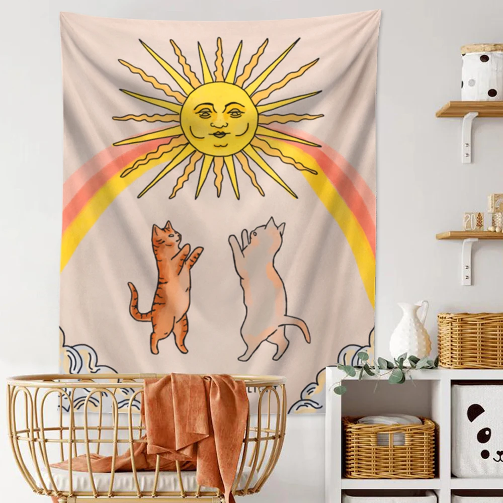 Настенный гобелен в виде милого кота и солнца гобелены с радужным солнечным