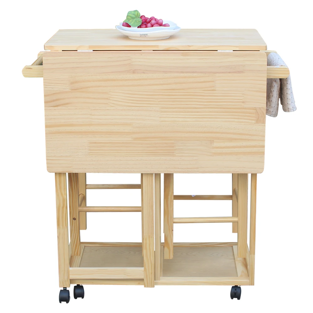 

【USA READY STOCK】FCH Square Solid Wood Folding Dining Cart with 2 Free Stools Natural