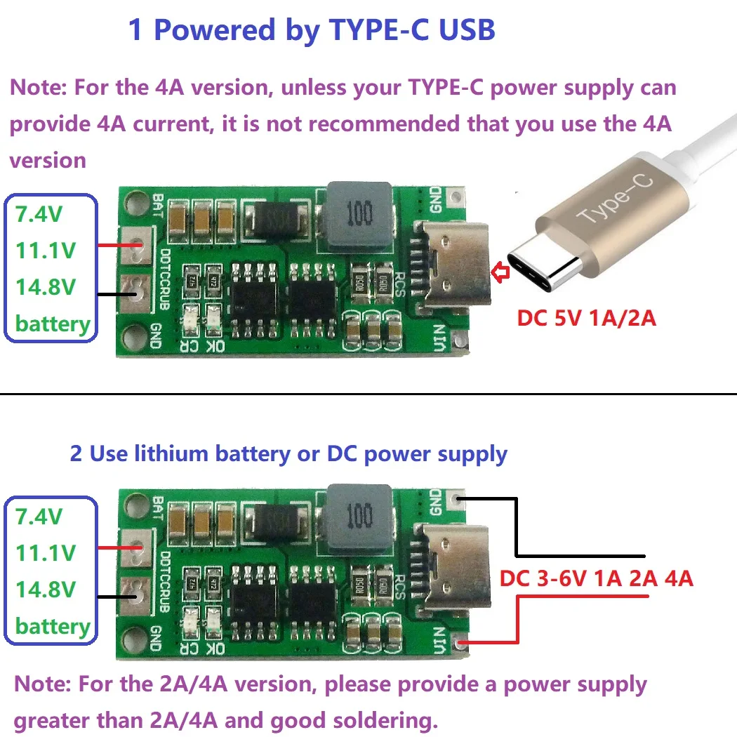 

1-4A Type-C Step-Up Boost Li-po Polymer Li-ion Charger DC3-6VTo 8.4V 12.6V 16.8V For Multi-Cell 2S 3S 4S 7.4V 11.1V 14.8V 18650