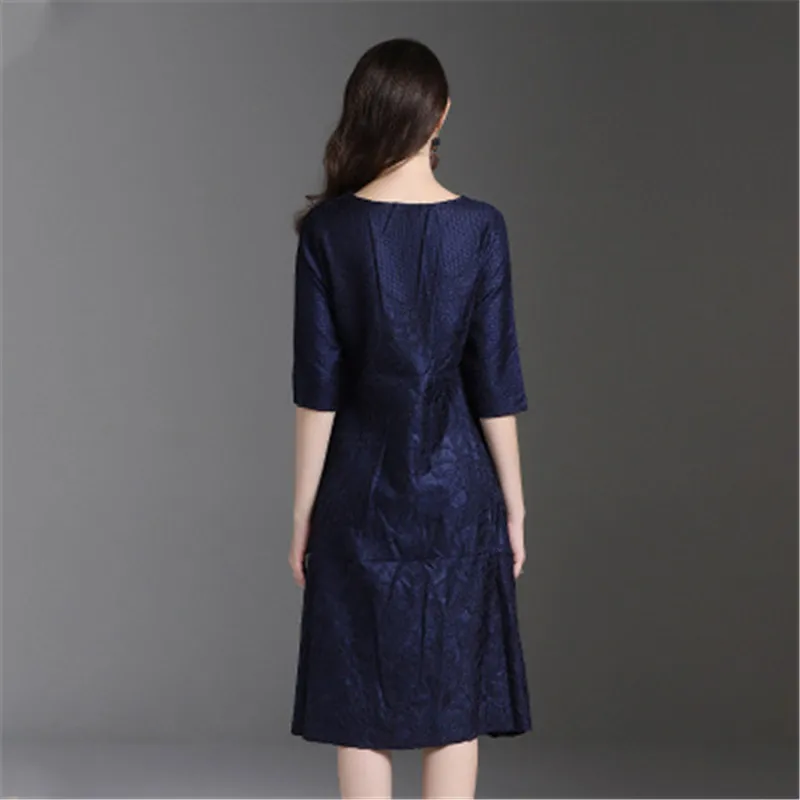 

Miyake pleated women dress spring and summer new embossed embroidered three-quarter sleeves loose large size A-line dress women