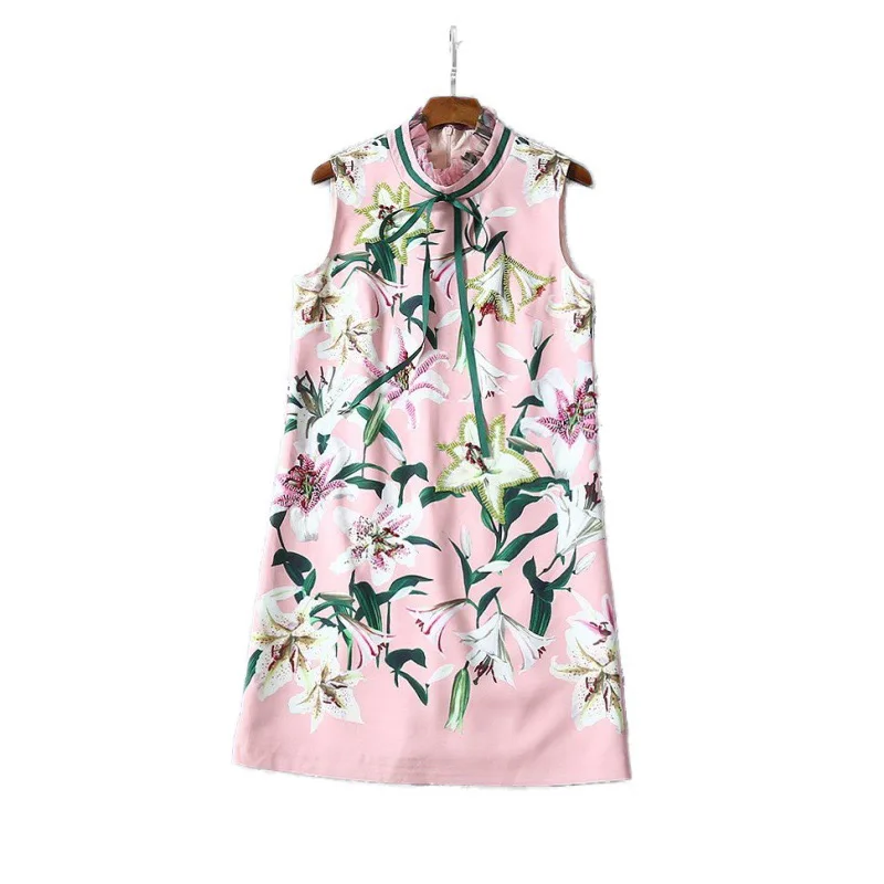 2019 летнее розовое/черное Цветочное платье с цветочным рисунком лилии и бантом