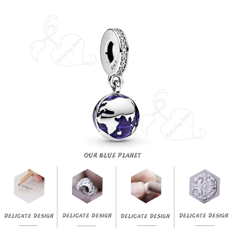 

100% Real 925 Silver Sterling Blue Planet Dangles Charms Beads Fits Pdoras Bracelets Bangles Necklaces DIY Making
