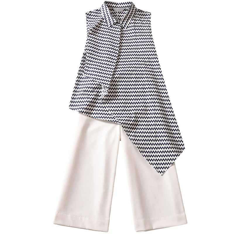 

irregular women pant sets 2020 summer new sleeveless striped long blouse and solid white wide leg ankle length pant office lady