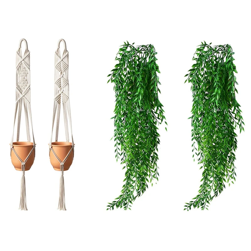 

2X Plant Hanger Hanging Seeder Wall Art Bohemian Flower Pot Net Bag 41 Inches & 2Pcs Artificial Hanging Plants