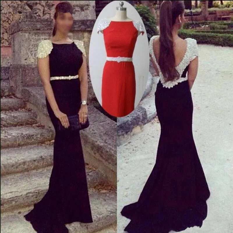 

Elegant Party Mermaid Evening Dresses 2019 Cap Sleeves Pearls Black Jersey Long Backless Red Carpet Celebrity Formal Prom Gowns