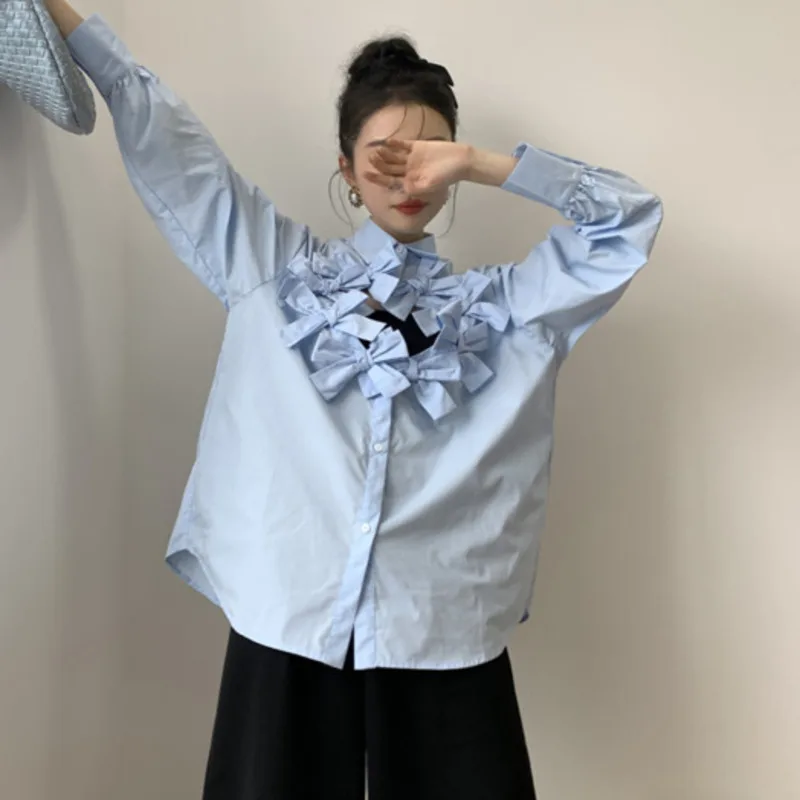 

LANMREM Women Bow Hollow Out Blouse Lapel Long Sleeve Loose Fit Lady Shirt Fashion Tide Spring Summer 2021 New Arrivals 2H007