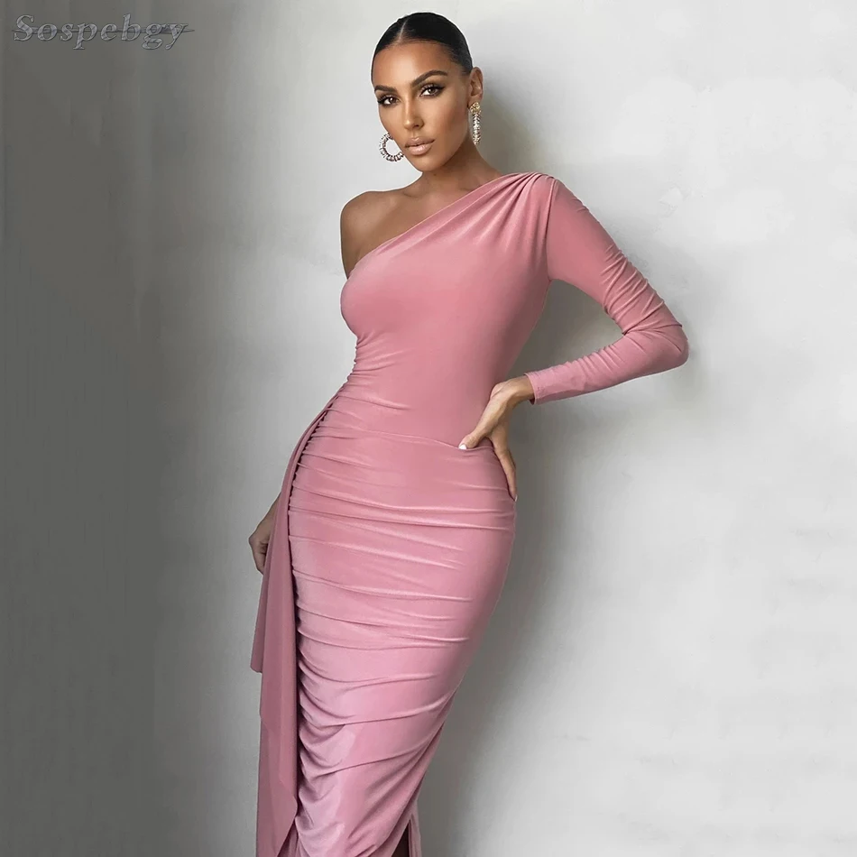 

2021 New Summer Women's One-shoulder Long Sleeve Long Dress Pink Brown Oblique Collar Draped Ruffle Bodycon Party Dresses