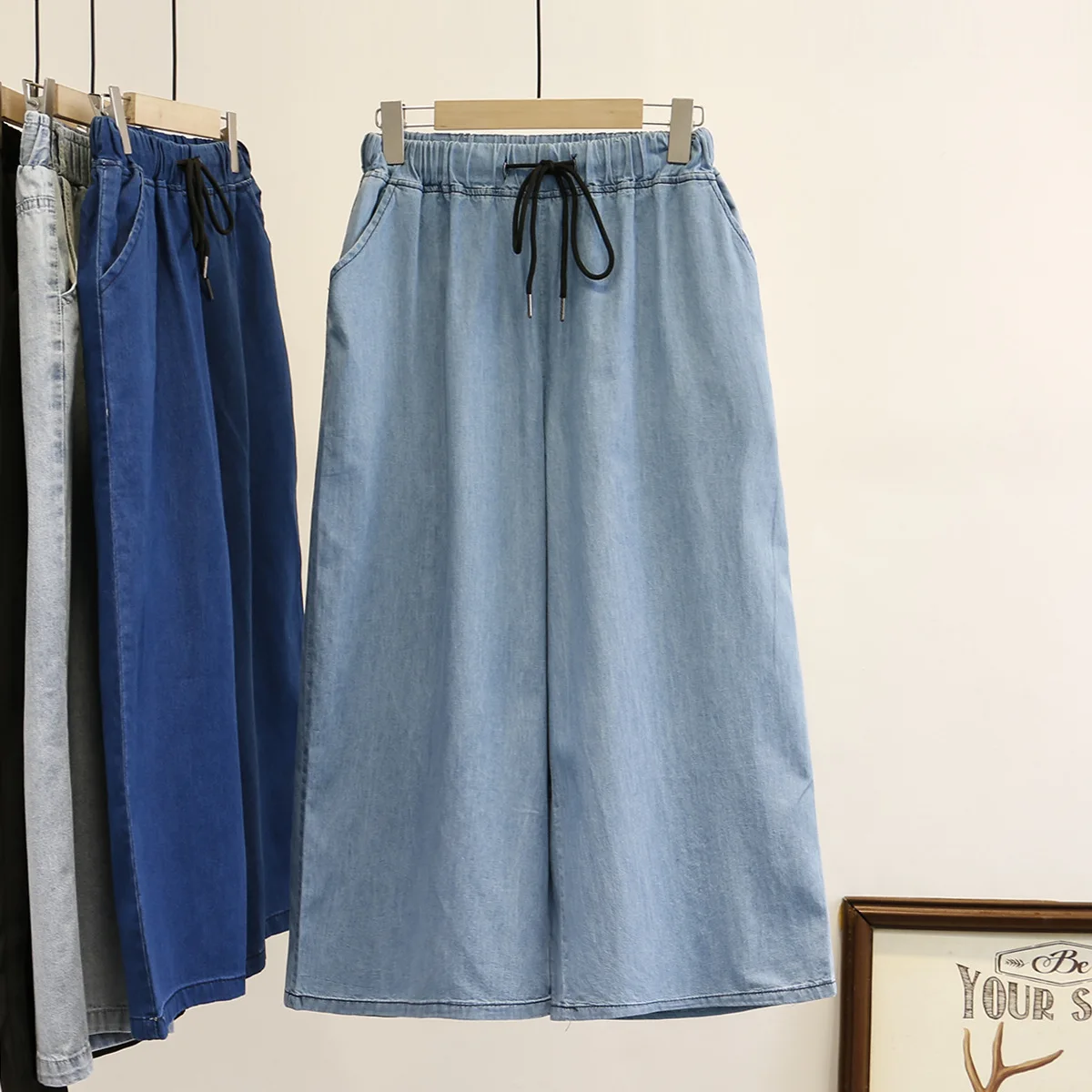 Женские летние джинсы женские широкие брюки Стрейчевые из тенсельной джинсовой