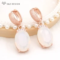 sz design fashion luxury large oval pink opal dangle earrings for women wedding jewelry 585 rose gold cubic zirconia eardrop