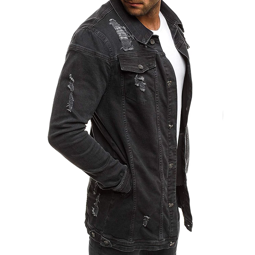 

Men's European Casual Market Long Denim Jacket Men's Denim Perforated Beggar's Jacket