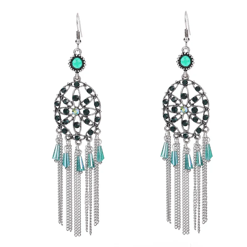 

Elegant Women's Round Flower Crystal Earrings Bollywood Bohemia Long Chain Tassel Wedding Earrings Hangers