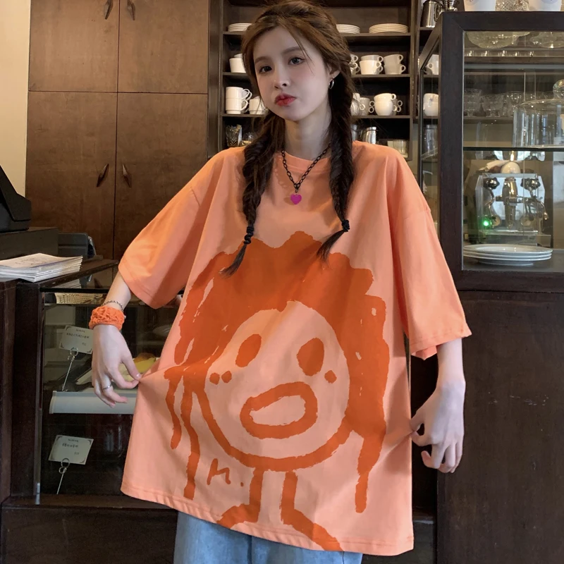 

2021 Hip Hop Summer Women T-shrts Short O-Neck Short Sleeve Casual Tshirts Orange cartoon Women Loose Print Tops Tees Female