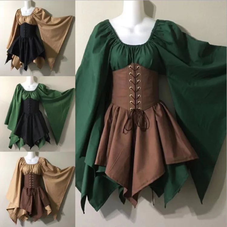 

New Medieval Renaissance Vintage Cosplay Woodland Wood Elf Fairy Waist Cincher Corset Dress Long Sleeves Retro Irregular Dresses