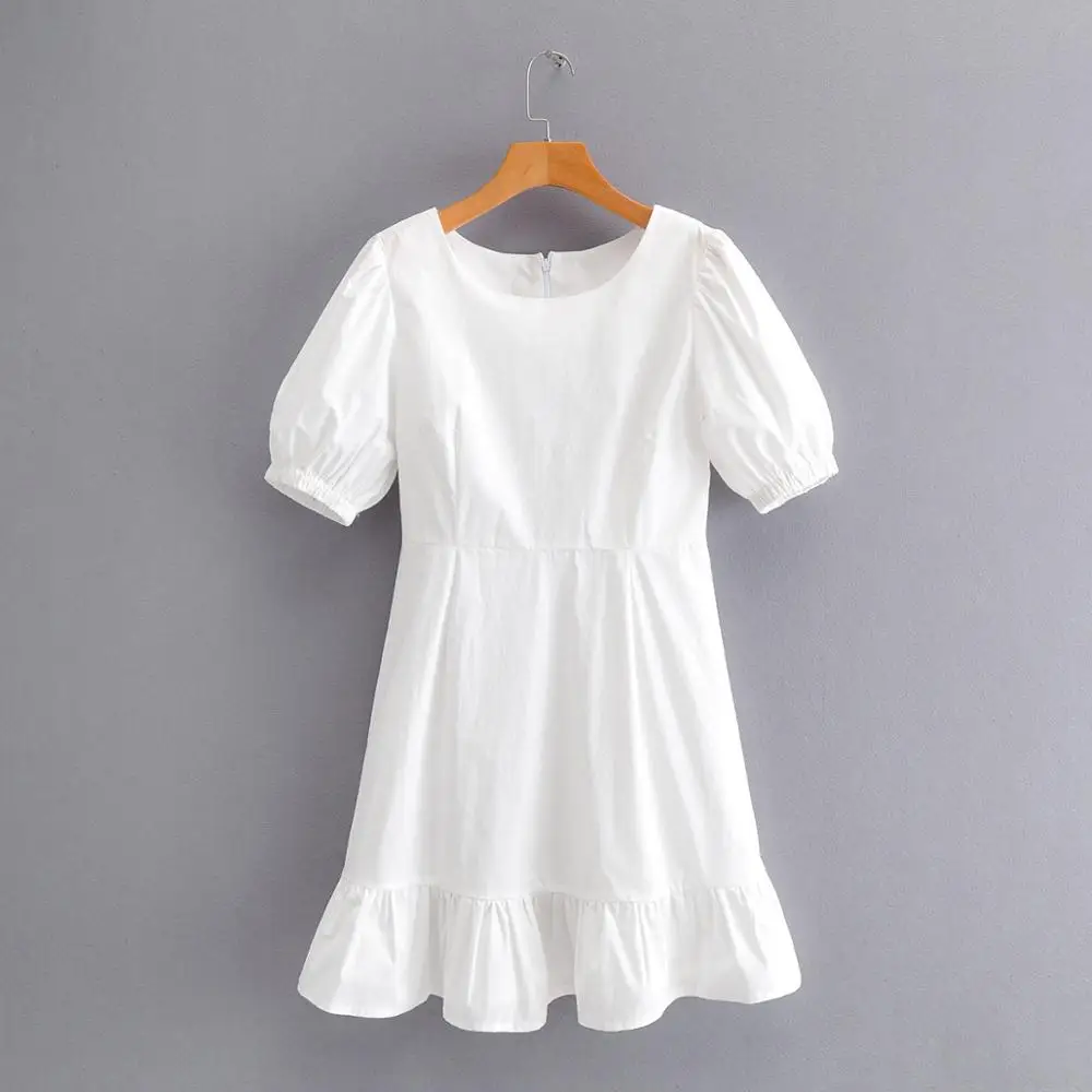 Женское винтажное мини платье с круглым вырезом и пышными рукавами