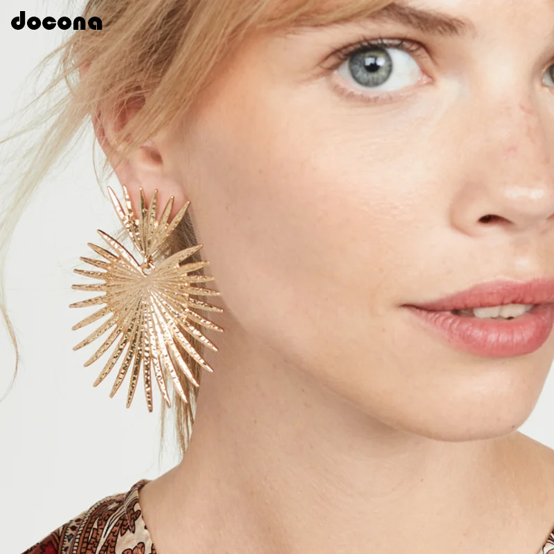 Docona панк золотые большие листья Висячие серьги для женщин женские металлические