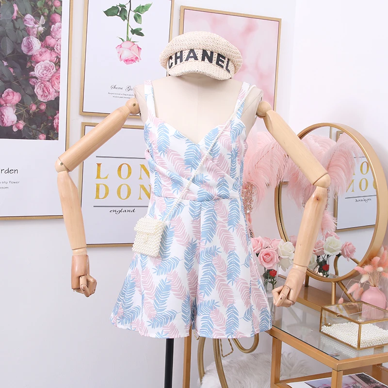 Женский комбинезон с широкими штанинами в стиле ретро принтом листьев и открытой