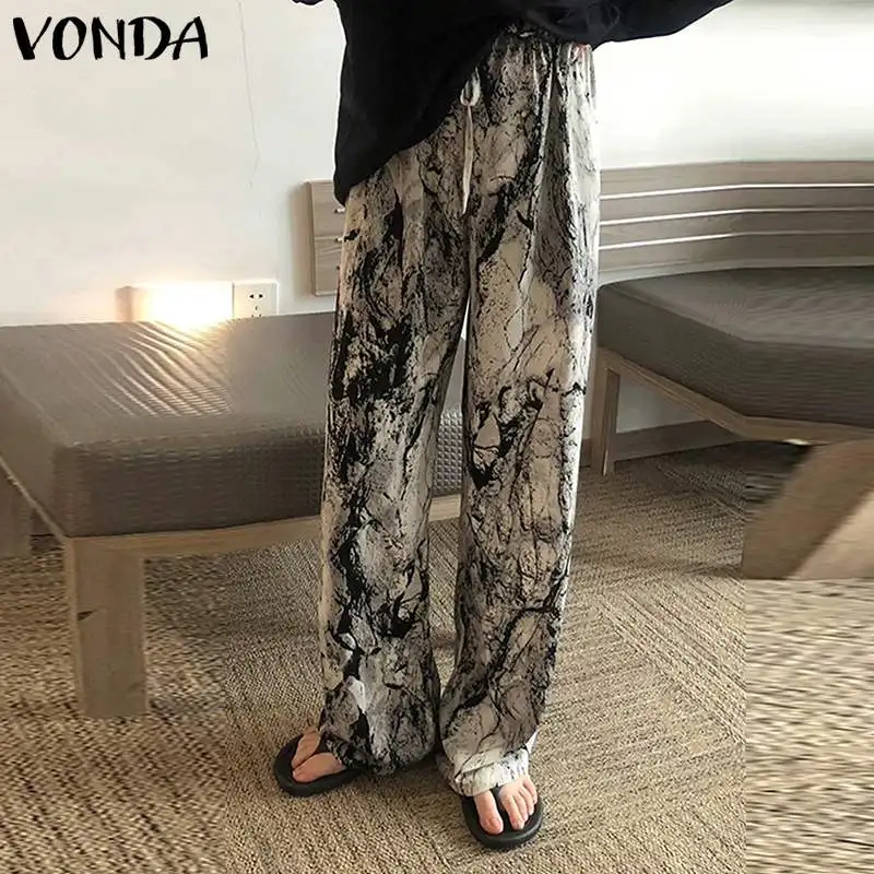 

Женские брюки 2021 VONDA, повседневные свободные длинные брюки с эластичным поясом, прямые брюки с винтажным принтом, спортивные брюки Hosen женск...