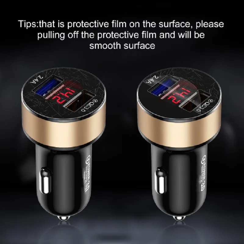 Автомобильное зарядное устройство QC3.0 с двумя USB-портами и цифровым светодиодным