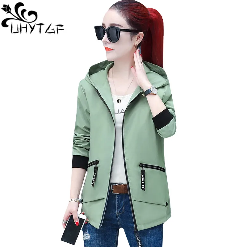 

UHYTGF Womens spring autumn coat hooded casual 3XL plus size top elegant Female short jacket women Basic coat chaqueta mujer 562