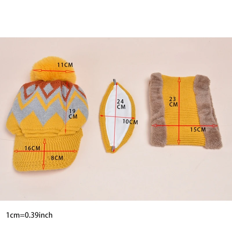 

Women 3 In 1 Winter Visor Beanie Hat Circle Scarf Face Mask Set Knitted Plush Lining Windproof Pompom Skull Cap Warmer