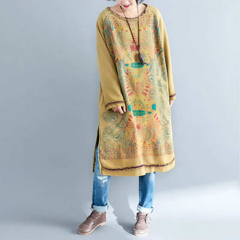 

Women's plus size sweater dress spring new personality plus size sweater ethnic style round neck mid-length gradient dress