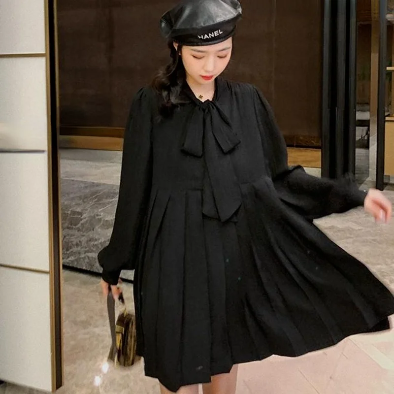 

QWEEK Chiffon Balck Pleated Long Sleeve Dress Women 2021 Korean Fashion Short Dresses Female College Solid Clothes All-match