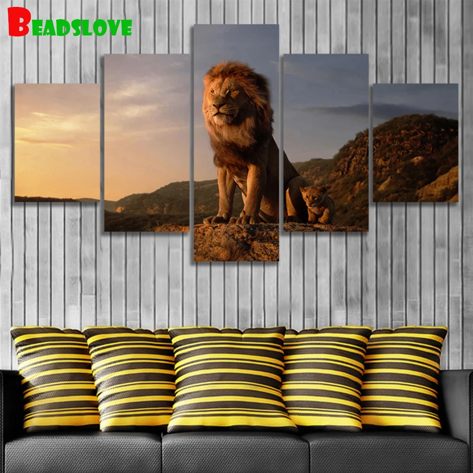 Лев Король горный полностью Квадратный бриллиант 5d картина 5 панель узор