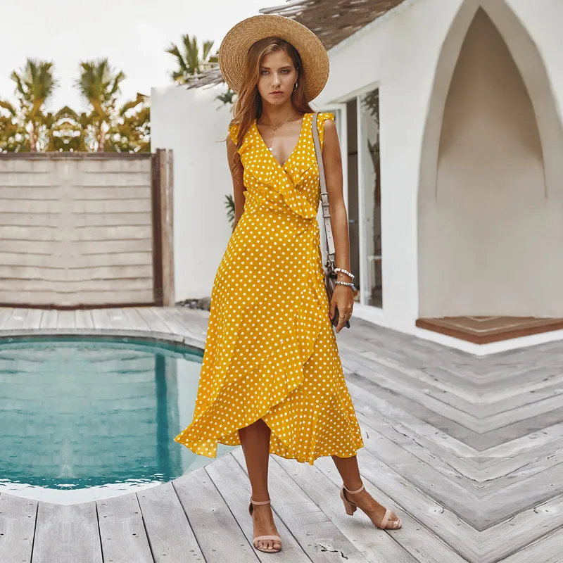 

Женское платье на бретельках-спагетти, Длинное Элегантное платье в горошек с V-образным вырезом и оборками, платье до середины икры с высоко...