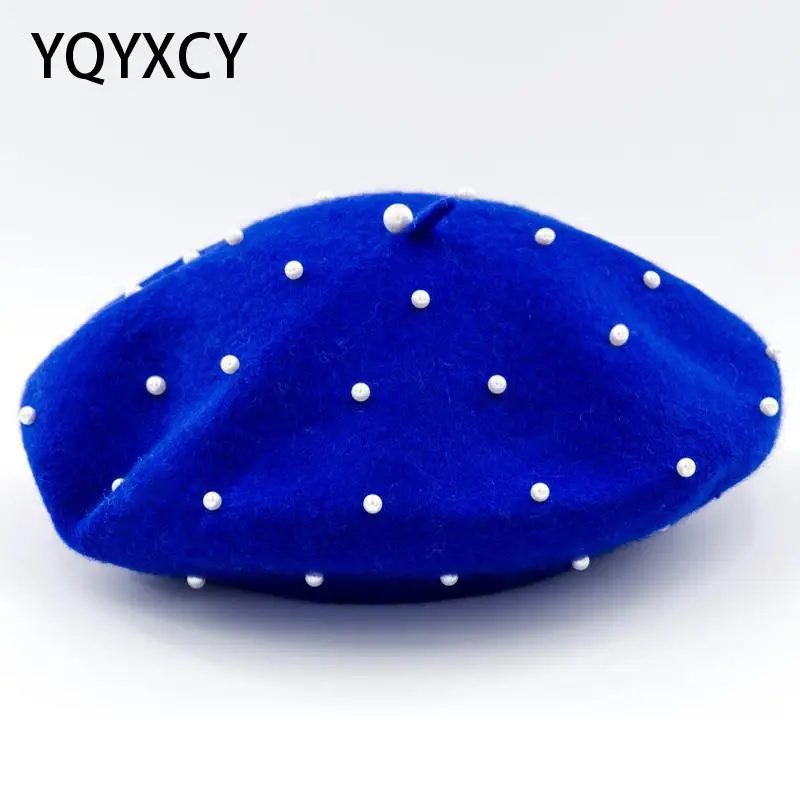 

Wool Beret Female Winter Caps Simulated Pearl Beads Winter Hats For Women Girl Flat Gorras Planas Boina Painter Cap Vintage