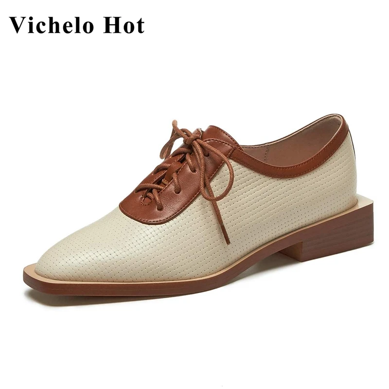 

Vichelo Hot genuine leather square toe lace up mixed colors preppy young lady high fashion vintage daily wear women pumps L77