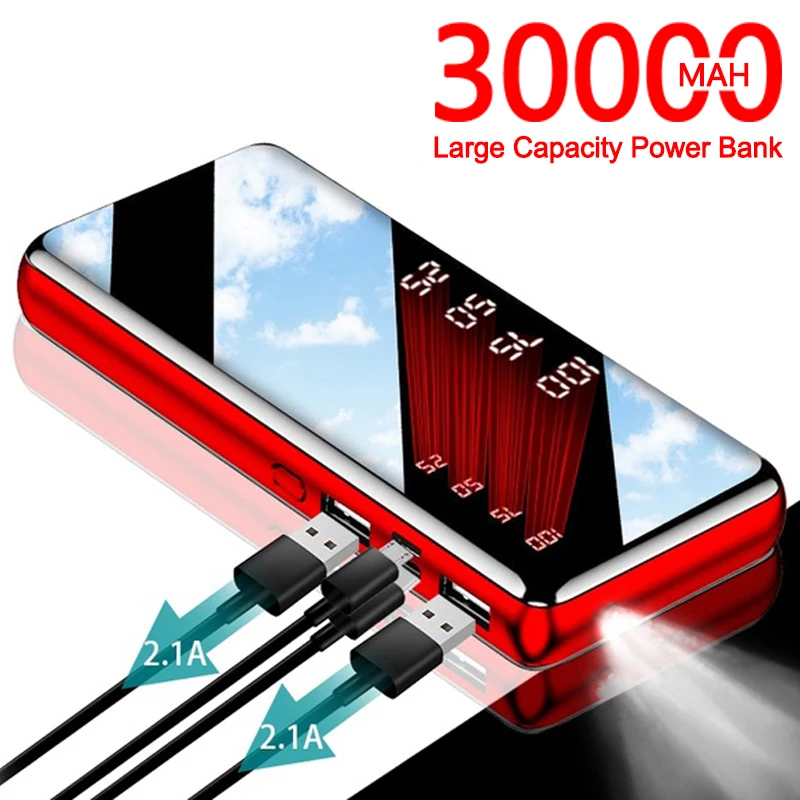 

Mirror Power Bank 30000mAh External Battery LCD Digital Display Portable Fast Charger with LED Light for Samsung Iphone Xiaomi