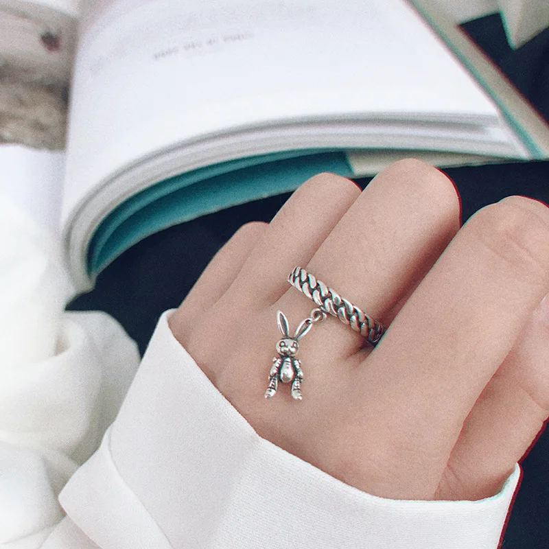 ANENJERY 925 Sterling Silver Fashion Retro Rabbit Tassel Thai Ring Cute Animal For Women Jewelry Gifts S-R738 | Украшения и