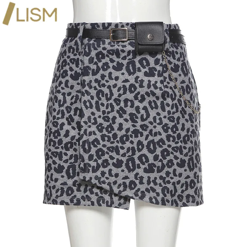 

LISM Leopard Printing Mini Skirt with PU Belt Casual Harajuku High Waist Ladies Dark Goth Skirt For Evening Party Clubwear