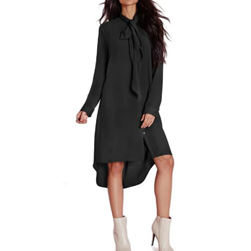 Женское шифоновое платье-туника с длинным рукавом и бантом | Женская одежда