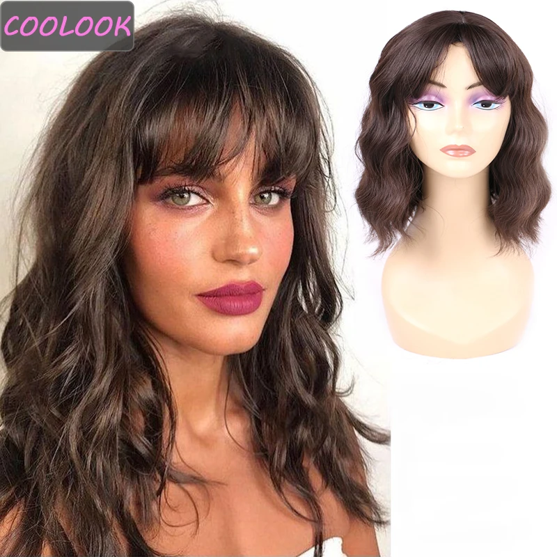 

Brown Wavy Short Bob Wig with Bangs 12'' Body Wave Wigs for Women Naural Synthetic Fiber Fake Hair Cosplay Lolita Pink Green Wig