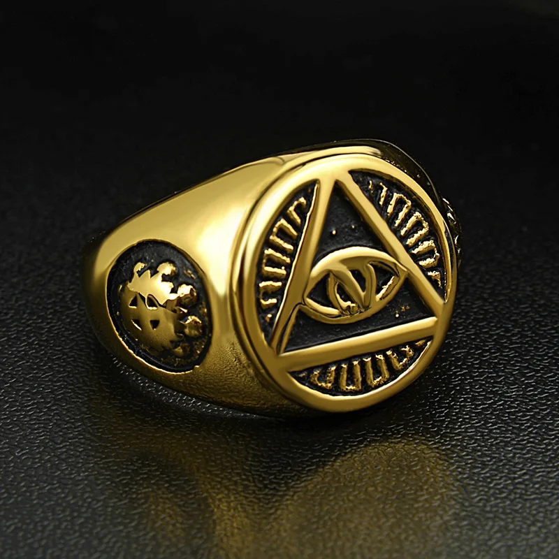 Valily Men's Ring Gold Color Illuminati pyramid eye symbol Cool skull fashion rings Stainless Steel finger band Women | Украшения и
