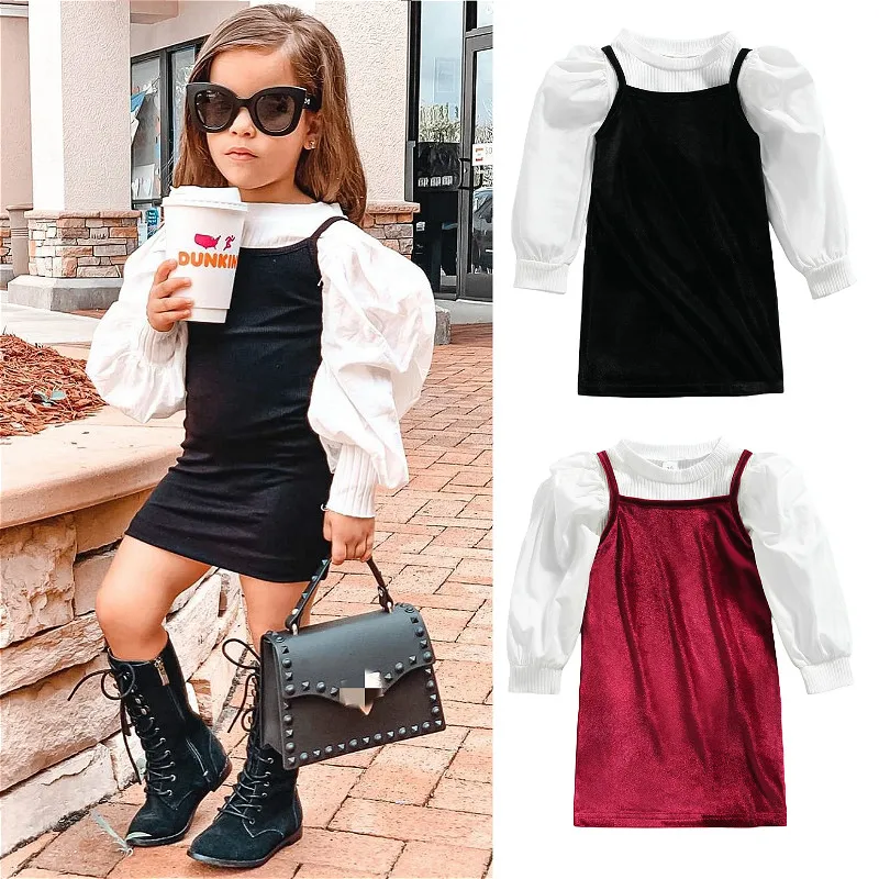 

Платье для девочек, костюм из двух предметов, модный однотонный топ с пышными рукавами, платье на бретелях, повседневная одежда для маленьки...