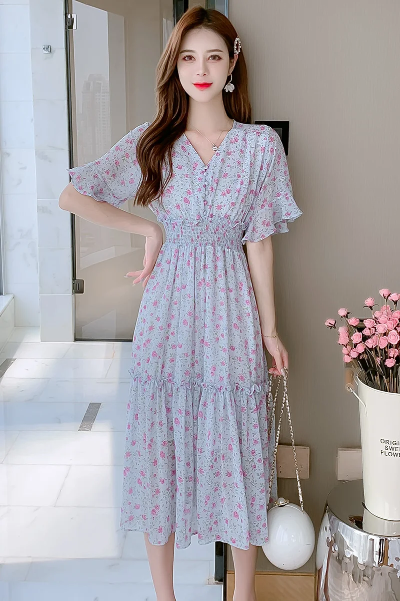 

COIGARSAM French Style Floral Print Women Long dress New Chiffon Dresses 8362