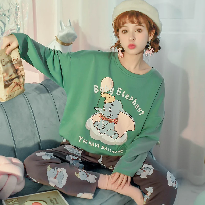 Disney Dumbo Women's Autumn Winter Two-piece Home Suit Soft Casual Long-sleeved 100% Cotton Long Sleeve Top Pants Pajamas Women