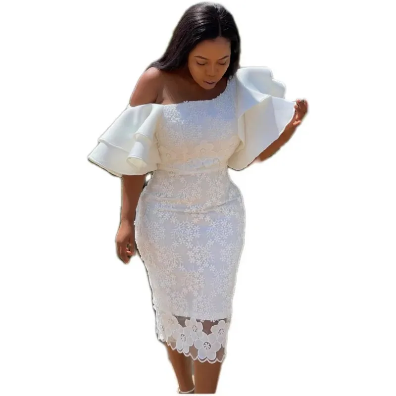 

Кружевное платье с вышивкой, женское рождественское соблазнительное праздничное платье с косым плечом, однотонный костюм подружки невесты...