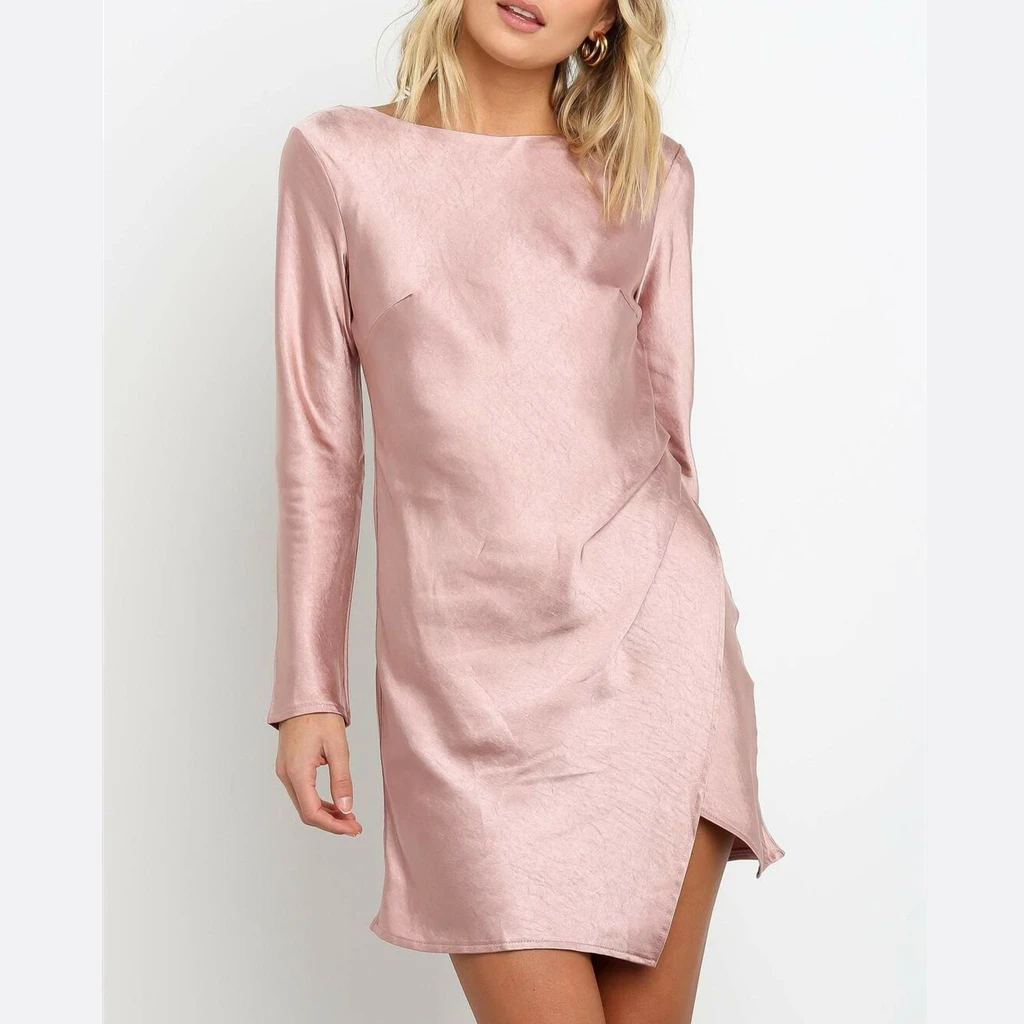 Шикарное женское элегантное атласное шелковое платье с длинным рукавом осеннее