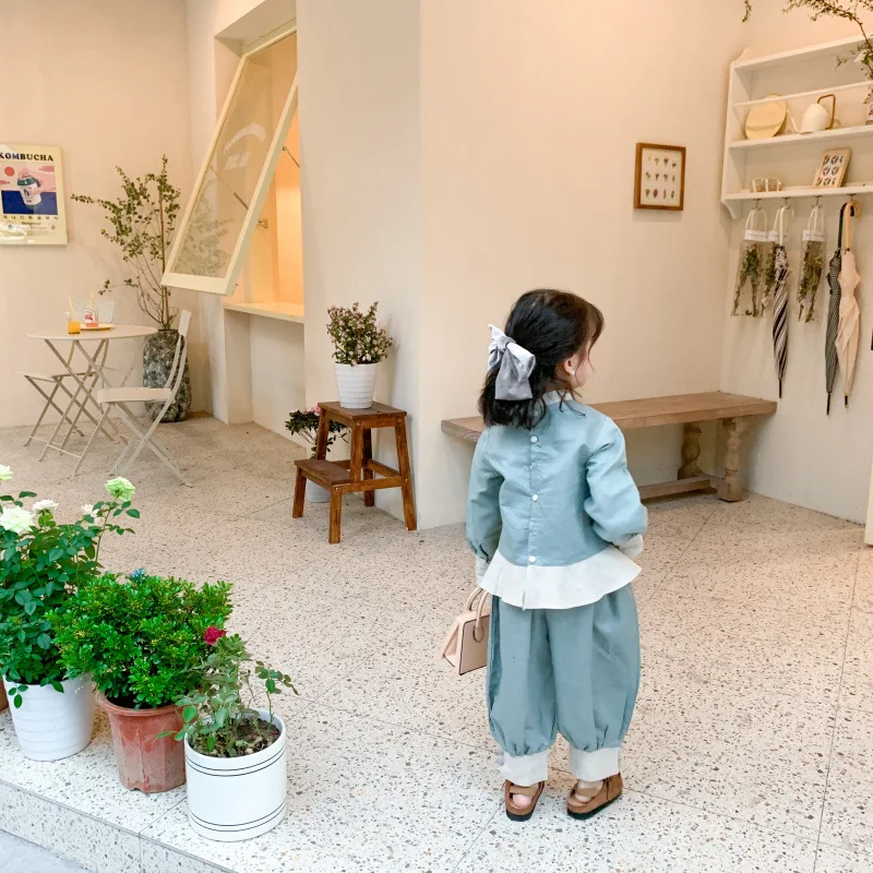 

2021 Spring girls clothing set solid blue colour Chinese style tops + pants toddler kids clothes
