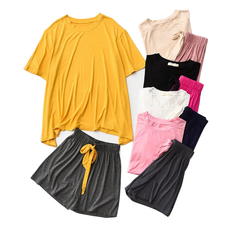 

2020 Summer New Ladies Simple Style Solid Color Pajamas Set Round-Neck Top+Shorts 2PCS Women Comfort Modal Homewear Casual Wear