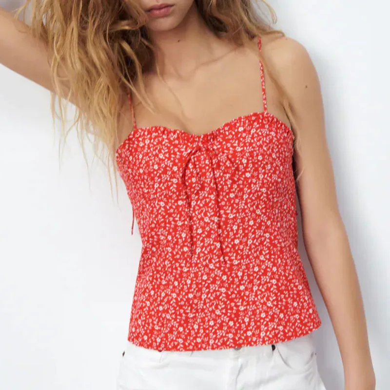 

KUMSVAG Women Summer Sexy Slim ZA Camis Tank Tops Backless Print Bow Tie Female Sweet Street Off shoulder Top Clothing HH5446