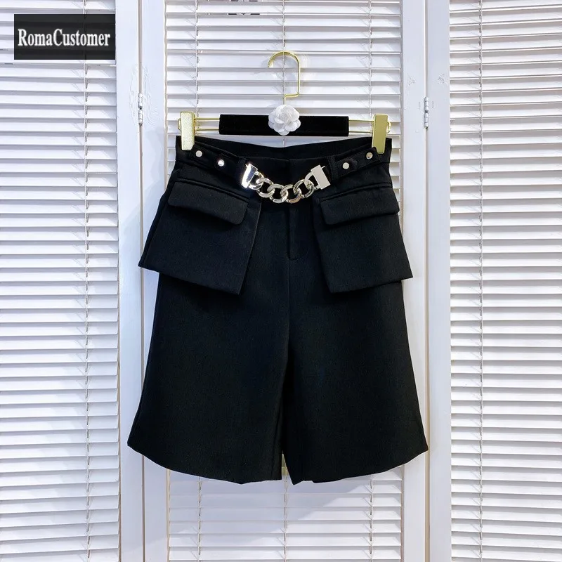 

Korean Black Cargo Shorts Spring Autumn New High Waist Loose Straight Womens High Street Casual Knee Length Wide Leg Shorts