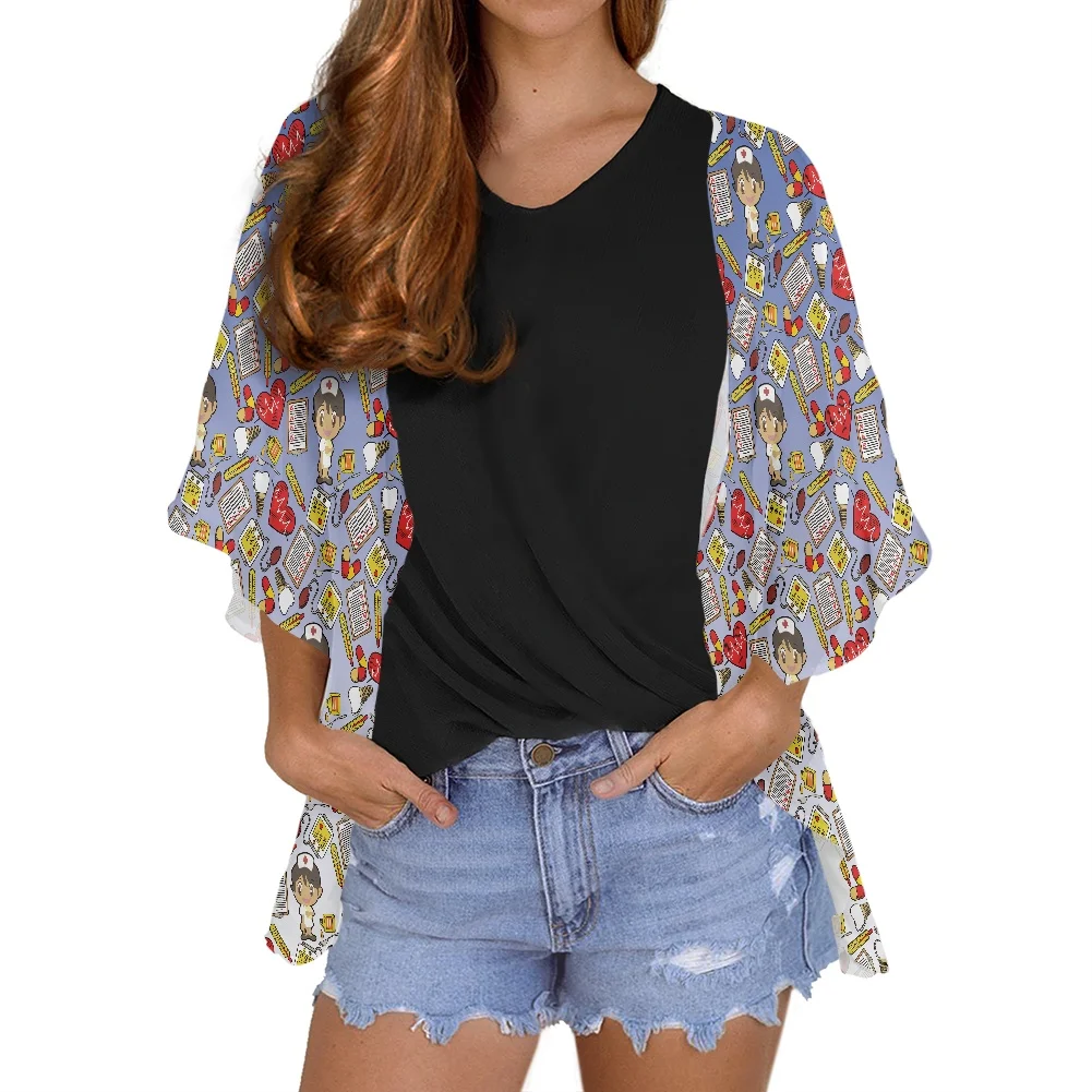 

Gradient Cartoon Nurse Medical Pattern Women's Chiffon Open Front Cardigan Robe Tops Bikini Beach Cover Up Swimwear Blouse Loose