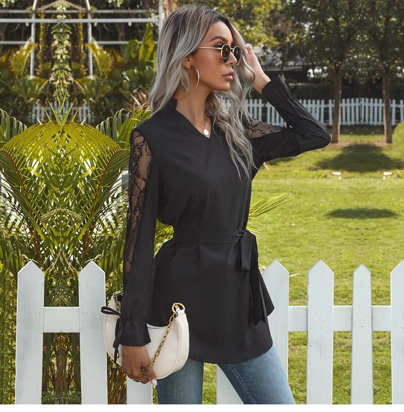 

Blouses Women's 2021 Spring Summer New Long Sleeve Pullover Solid Color Stitching Stand Up Collar Lace Tie Tops For Fashion