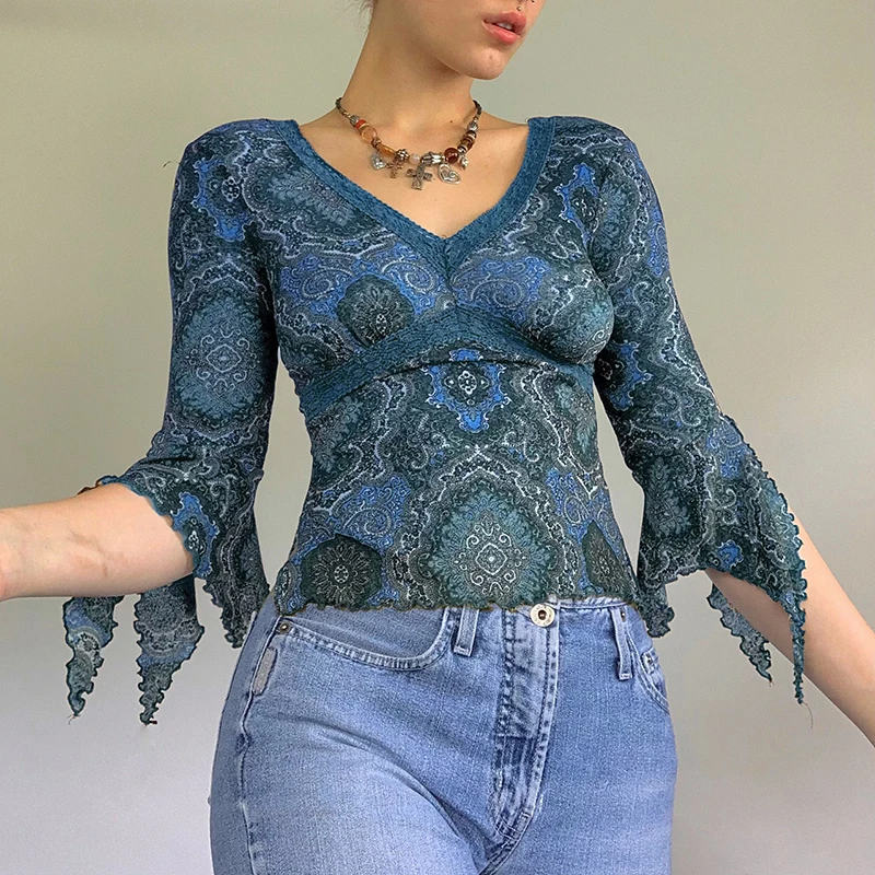 Женская Винтажная Футболка с принтом V-образным вырезом и рукавами-фонариками |